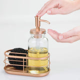 Kitchen mdesign modern glass metal kitchen sink countertop liquid hand soap dispenser pump bottle caddy with storage compartments holds and stores sponges scrubbers and brushes clear copper
