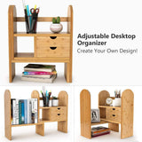 Home tribesigns bamboo desktop bookshelf counter top bookcase adjustable with 2 drawers desk storage organizer display shelf rack for office supplies kitchen bathroom makeup natural