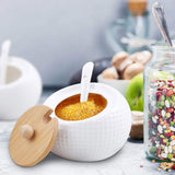 Get ruckae ceramic condiment jar spice container with bamboo lid porcelain spoon wooden tray set of 4 white 170ml5 8 oz perfect spice storage for home kitchen counter