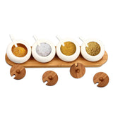 Heavy duty ruckae ceramic condiment jar spice container with bamboo lid porcelain spoon wooden tray set of 4 white 170ml5 8 oz perfect spice storage for home kitchen counter