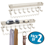 mDesign Closet Wall Mount Men's Accessory Storage Organizer Rack - Holds Belts, Neck Ties, Watches, Change, Sunglasses, Wallets - 19 Hooks and Basket - 2 Pack - Satin