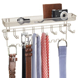 mDesign Closet Wall Mount Men's Accessory Storage Organizer Rack - Holds Belts, Neck Ties, Watches, Change, Sunglasses, Wallets - 19 Hooks and Basket - 2 Pack - Satin