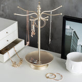 MyGift Brass-Tone Metal 12-Hook Jewelry Organizer Tree Rack w/Ring Dish Tray