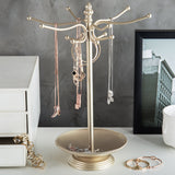 MyGift Brass-Tone Metal 12-Hook Jewelry Organizer Tree Rack w/Ring Dish Tray