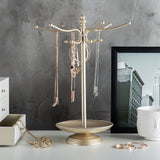 MyGift Brass-Tone Metal 12-Hook Jewelry Organizer Tree Rack w/Ring Dish Tray