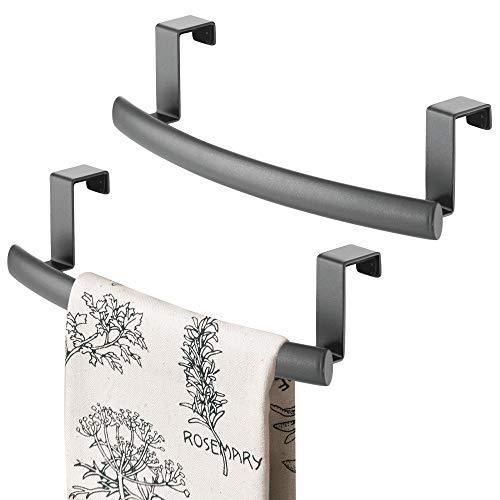 Discover the mdesign modern metal kitchen storage over cabinet curved towel bar hang on inside or outside of doors organize and hang hand dish and tea towels 9 7 wide 2 pack graphite gray