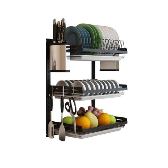 Best ctystallove 3 tier black stainless steel dish drying rack fruit vegetable storage basket with drainboard and hanging chopsticks cage knife holder wall mounted kitchen supplies shelf utensils organizer