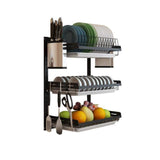 Best ctystallove 3 tier black stainless steel dish drying rack fruit vegetable storage basket with drainboard and hanging chopsticks cage knife holder wall mounted kitchen supplies shelf utensils organizer