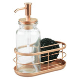 Home mdesign modern glass metal kitchen sink countertop liquid hand soap dispenser pump bottle caddy with storage compartments holds and stores sponges scrubbers and brushes clear copper