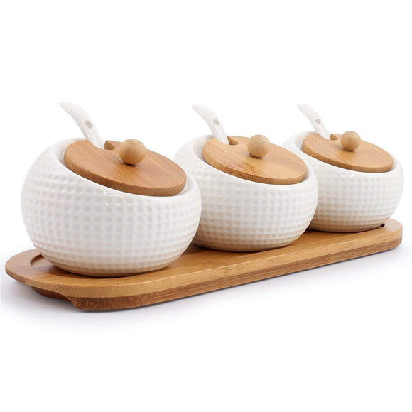 Kitchen porcelain condiment jar spice container with lids bamboo cap holder spot ceramic serving spoon wooden tray best pottery cruet pot for your home kitchen counter white 170 ml 5 8 oz set of 3