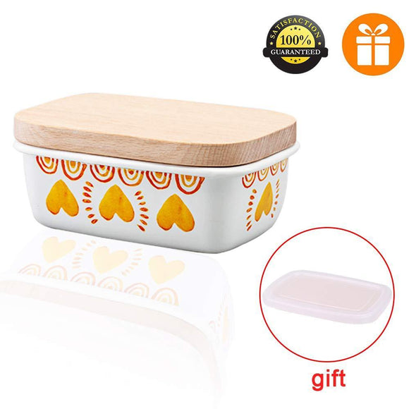 Buy now shineme butter dish with wooden lid enamel butter keeper butter container cheese storage holder used for kitchen counter or fridge white