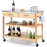 Organize with giantex kitchen trolley cart rolling island cart serving cart large storage with stainless steel countertop lockable wheels 2 drawers and shelf utility cart for home and restaurant solid pine wood