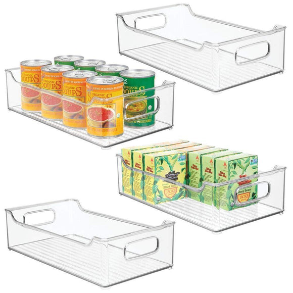 Selection mdesign wide stackable plastic kitchen pantry cabinet refrigerator or freezer food storage bin with handles organizer for fruit yogurt snacks pasta bpa free 14 5 long 4 pack clear