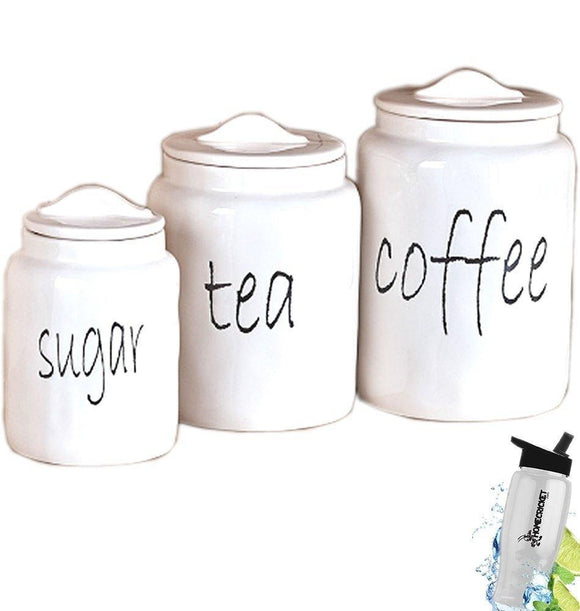 Purchase gift included white farmhouse kitchen countertop sugar tea coffee canister set free bonus water bottle by home cricket homecricket