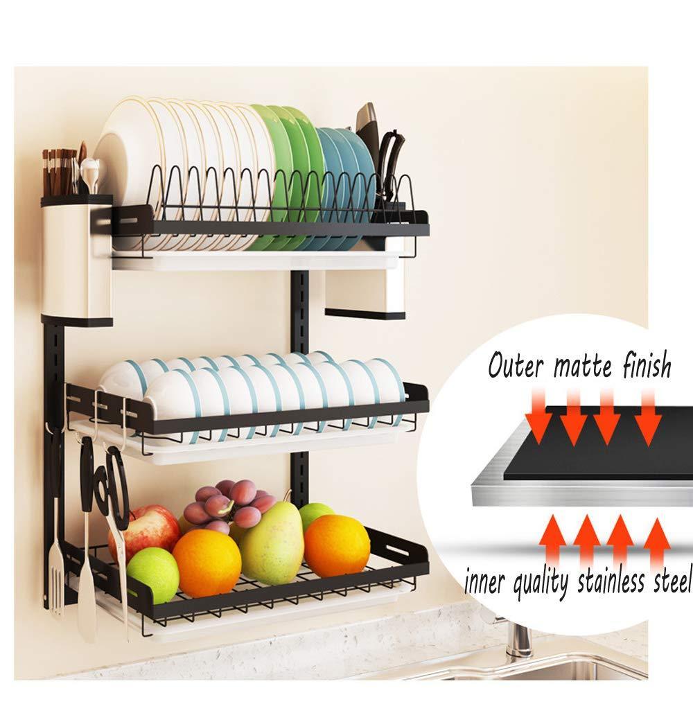 3 Tier Black Stainless Steel Dish Drying Rack Fruit Vegetable Storage Basket with Drainboard and Hanging Chopsticks Cage Knife Holder Wall Mounted