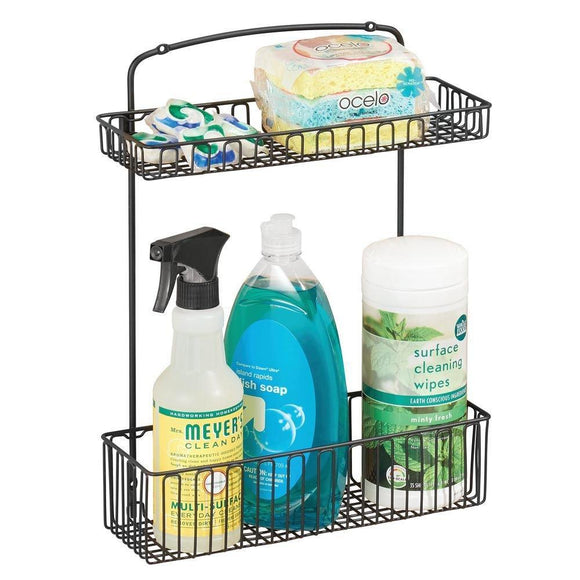 Home mdesign metal farmhouse wall mount kitchen storage organizer holder or basket hang on wall under sink or cabinet door in kitchen pantry holds dish soap window cleaner sponges matte black