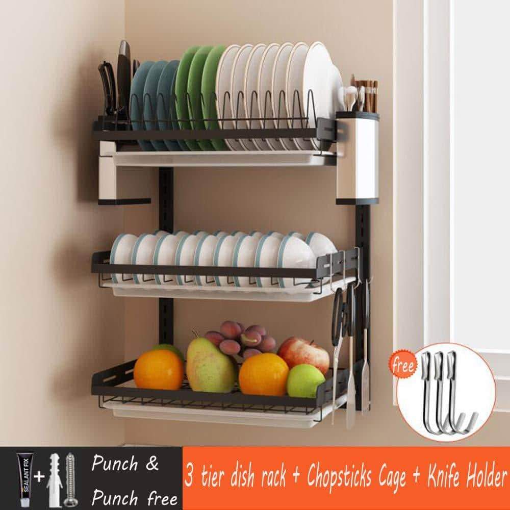 Ctystallove 3 Tier Black Stainless Steel Dish Drying Rack Fruit Vegetable  Storage Basket with Drainboard and Hanging Chopsticks Cage Knife Holder  Wall