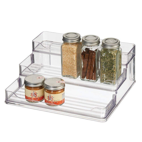 Save mdesign plastic spice and food kitchen cabinet pantry shelf organizer 3 tier storage modern compact caddy rack holds spices herb bottles jars for shelves cupboards refrigerator clear