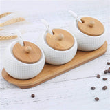 Online shopping porcelain condiment jar spice container with lids bamboo cap holder spot ceramic serving spoon wooden tray best pottery cruet pot for your home kitchen counter white 170 ml 5 8 oz set of 3