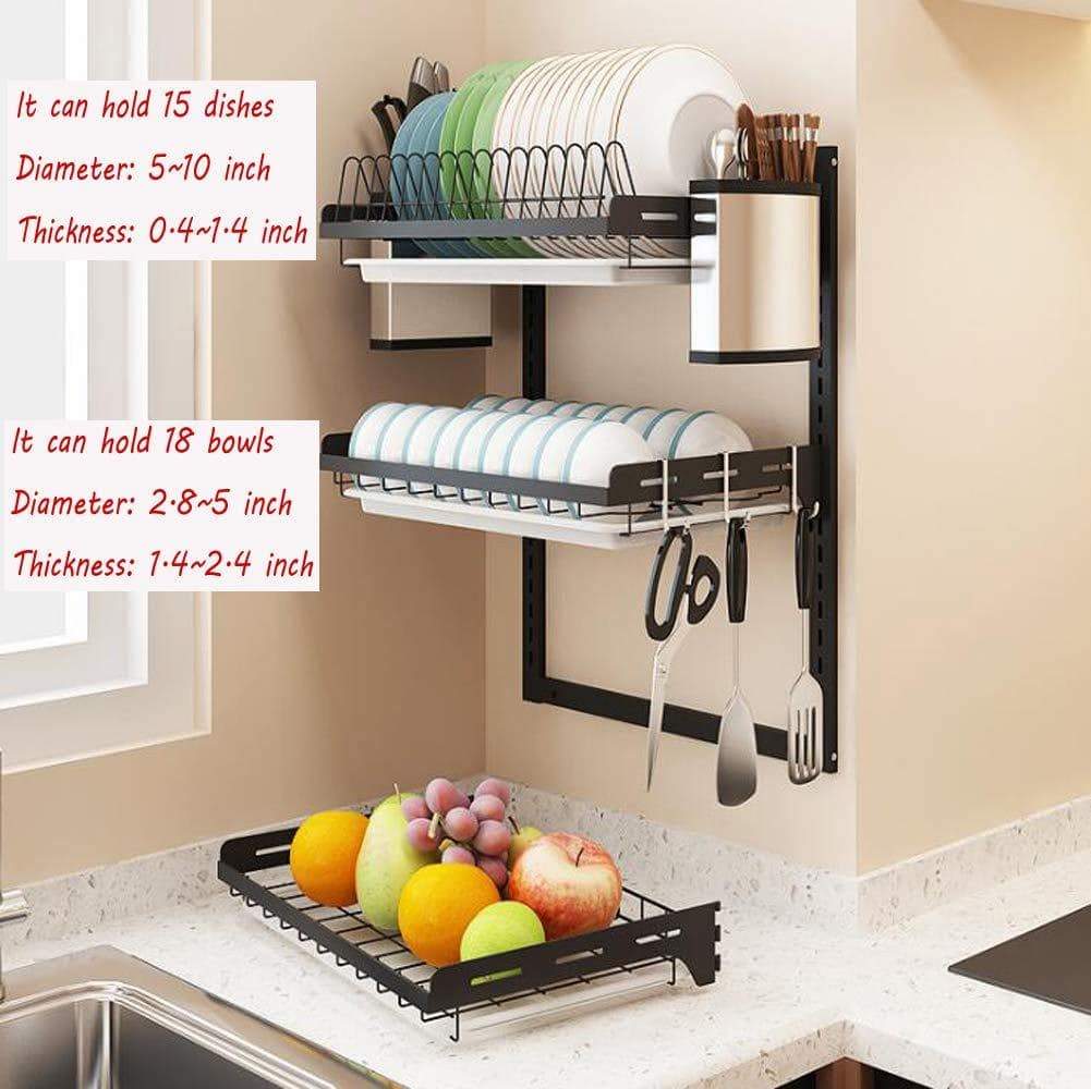 Ctystallove 3 Tier Black Stainless Steel Dish Drying Rack Fruit Vegetable  Storage Basket with Drainboard and Hanging Chopsticks Cage Knife Holder  Wall Mounted K…