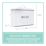 Organize with outshine vintage metal bread bin countertop space saving extra large high capacity bread storage box for your kitchen holds 2 loaves 13 x 10 x 7 white with bread lettering