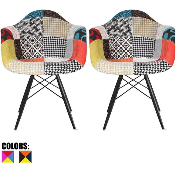 Order now 2xhome set of 2 multi color modern upholstered molded armchair fabric chair patchwork multi pattern dark black wood wooden leg eiffel dining room industrial desk accent living bedroom kitchen