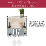 Get wall mounted wine rack wine bottle holder wine glass holder holds 4 bottle of wine and 4 glasses includes decorative wood accents and top shelf perfect home kitchen decor