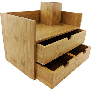 Great sherwood co 3 tier bamboo desk organizer with drawers perfect for desk office supplies vanity kitchen and home or office tabletop with bonus pen pencil holder