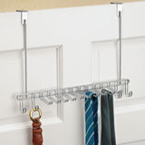 mDesign Metal Over Door Hanging Closet Storage Organizer Rack for Men's and Women's Ties, Belts, Slim Scarves, Accessories, Jewelry - 4 Hooks and 10 Vertical Arms on Each - 2 Pack - Chrome