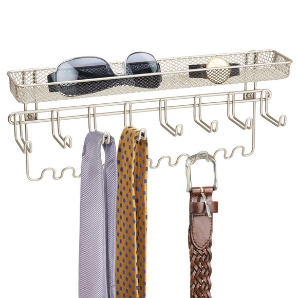 mDesign Closet Wall Mount Men's Accessory Storage Organizer Rack - Holds Belts, Neck Ties, Watches, Change, Sunglasses, Wallets - 19 Hooks and Basket - 2 Pack - Satin